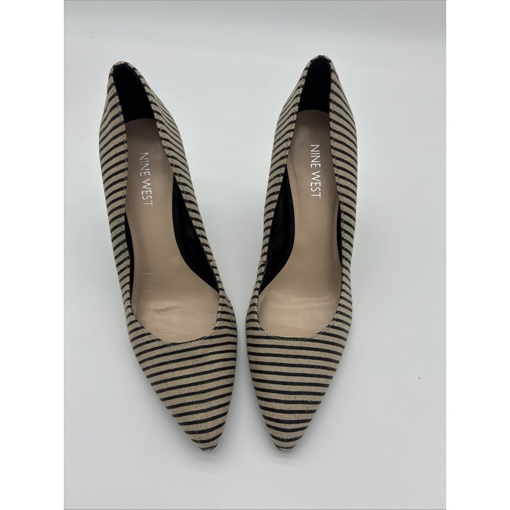 Nine West Seespoto Striped Canvas Pointed-Toe Pumps - Black & Cream, Size 7.5
